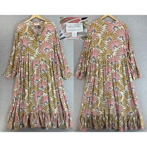 Mare Mare Anthropologie Lynda Maxi Dress Size 2X Pink Tan Floral Print LS Ruffle